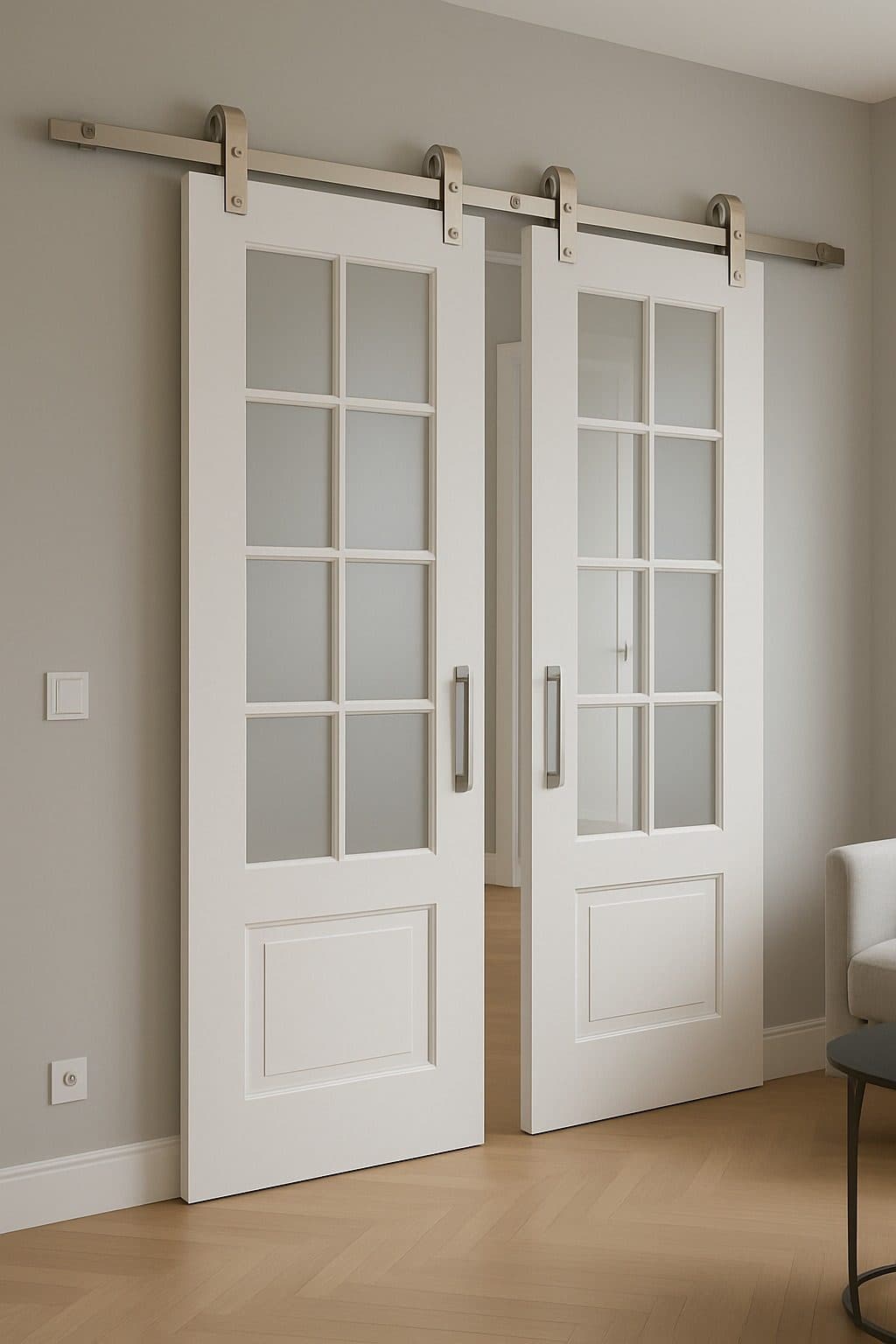 Porta de correr com trilho aparente e pinázio branco