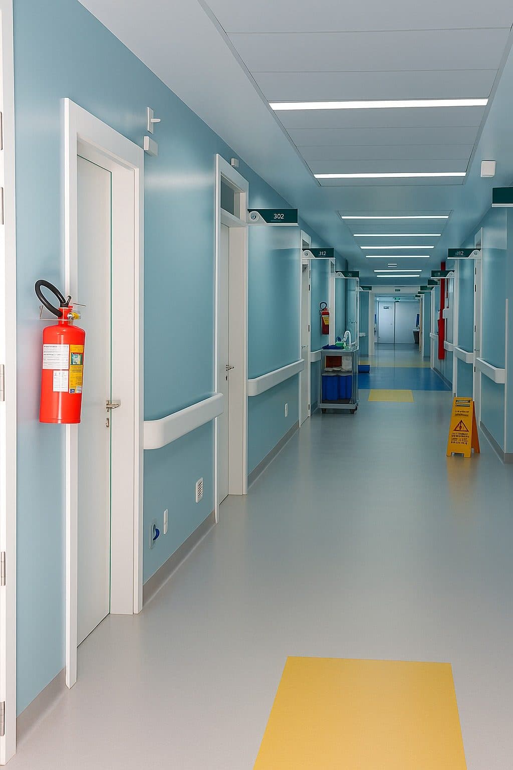 Corredor hospitalar com portas brancas